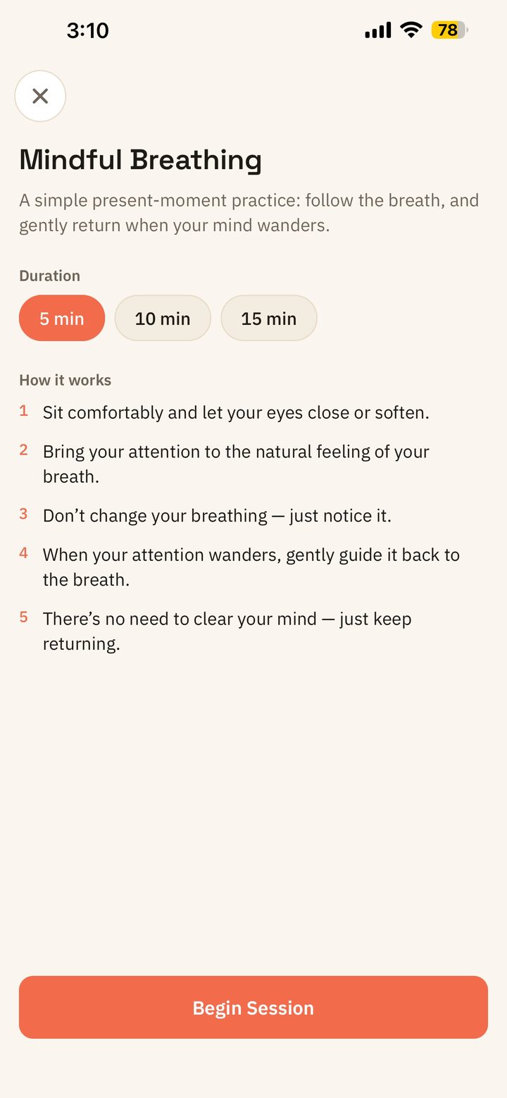 Yuktisa Fit Mindful Breathing meditation screen: session duration choices and five guided steps for following the breath
