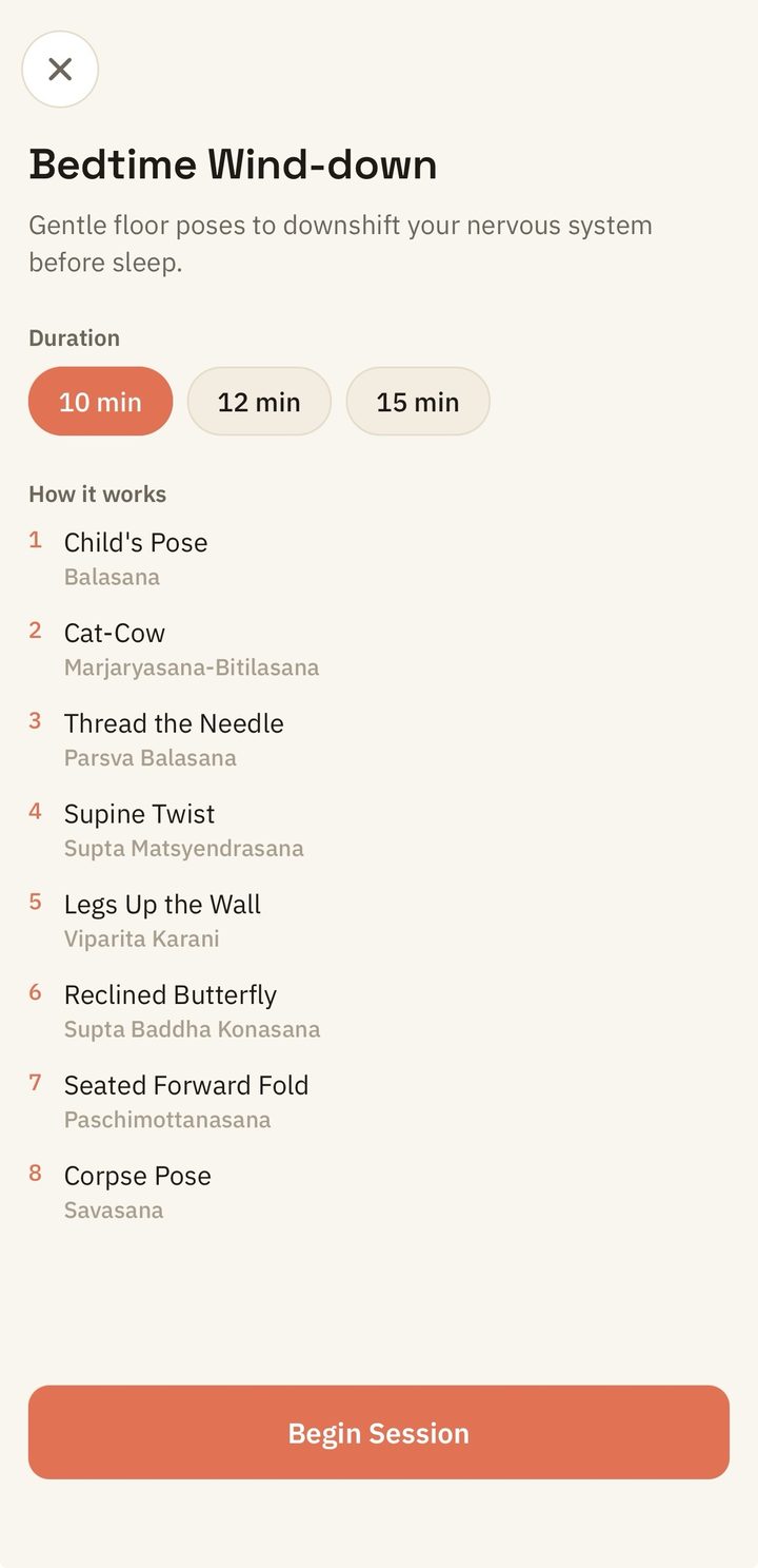Yuktisa Fit Bedtime Wind-down yoga flow: duration choices and the pose list, from Child's Pose and Cat-Cow to Legs Up the Wall and Corpse Pose