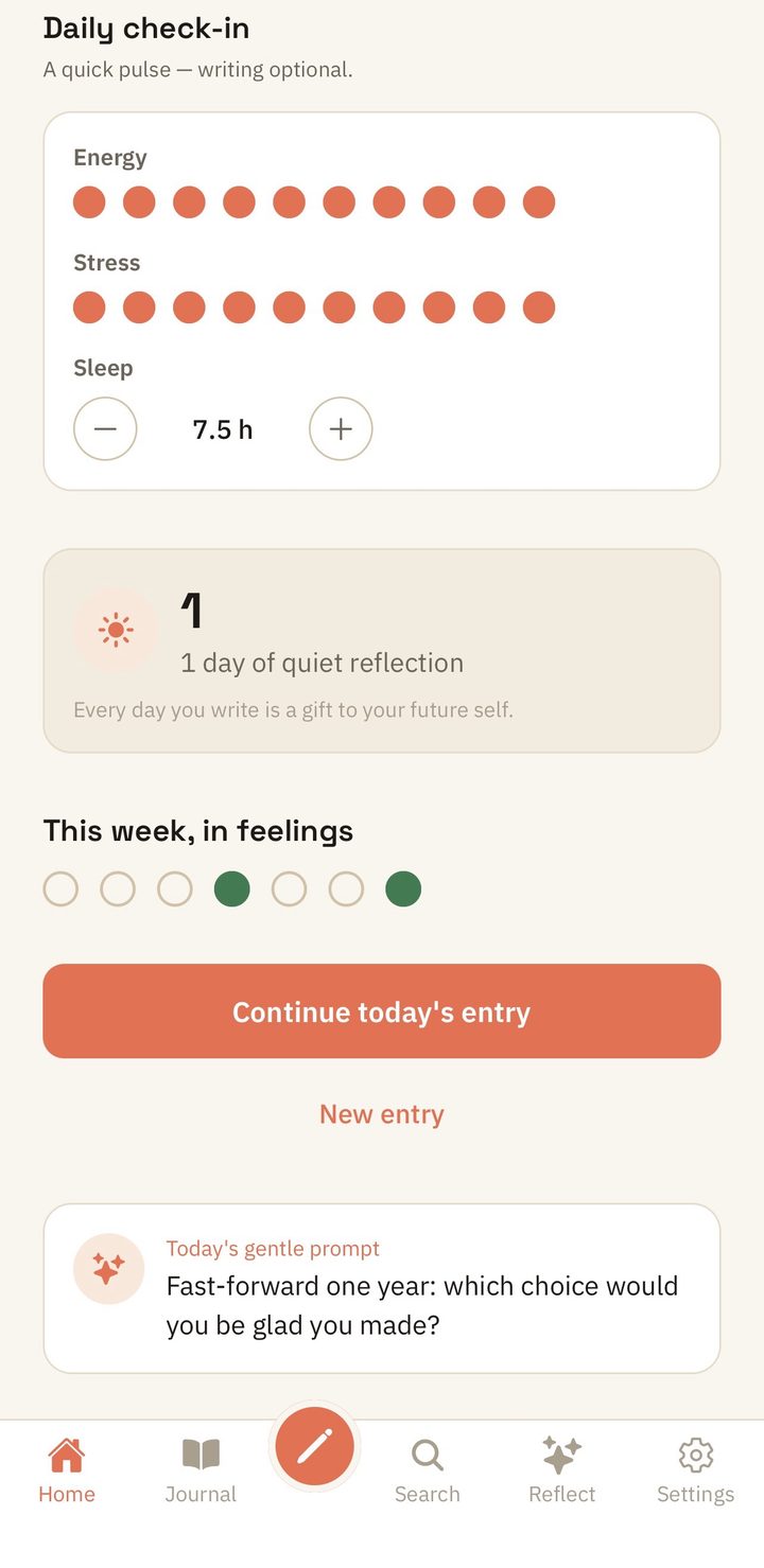 Yuktisa Journal home screen: a daily check-in with energy and stress scales and sleep hours, a streak of quiet reflection, a week of moods, and today's gentle writing prompt