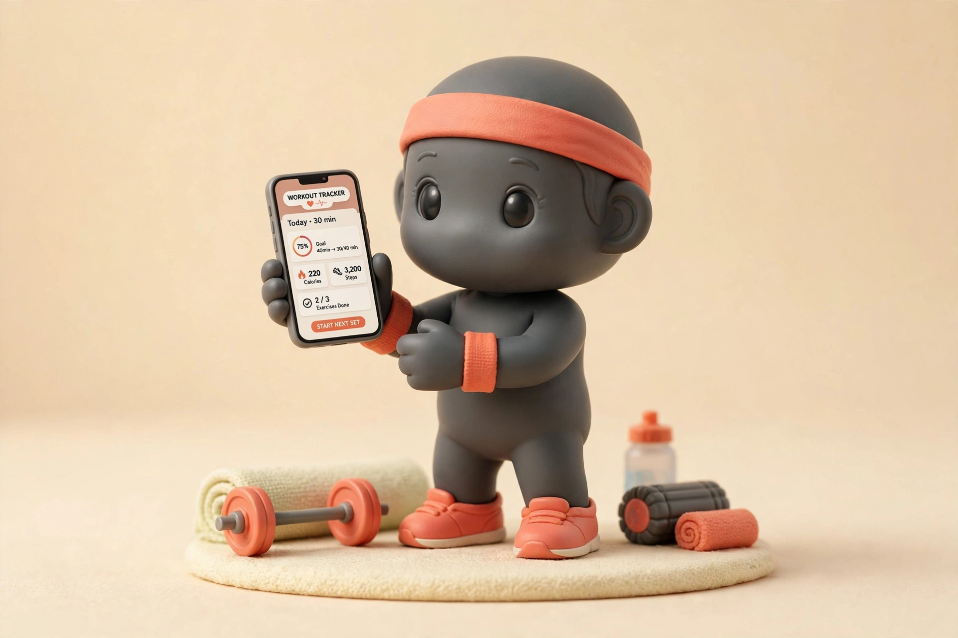 Yuki — the Yuktisa character, a small charcoal figurine with coral accents holding a phone